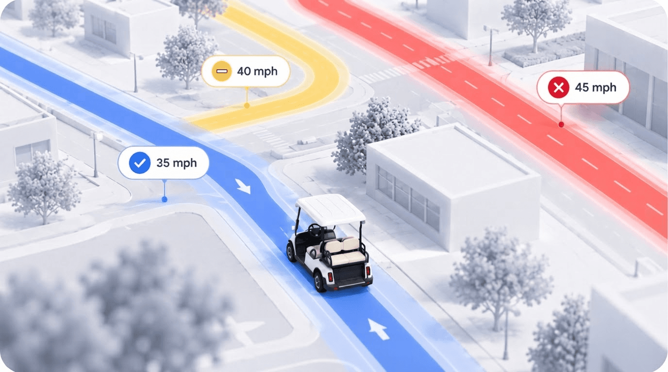 Map with three route options marked by speed limit: a 35 mph road in blue that suits the golf cart, a 40 mph road in yellow and a 45 mph road in red