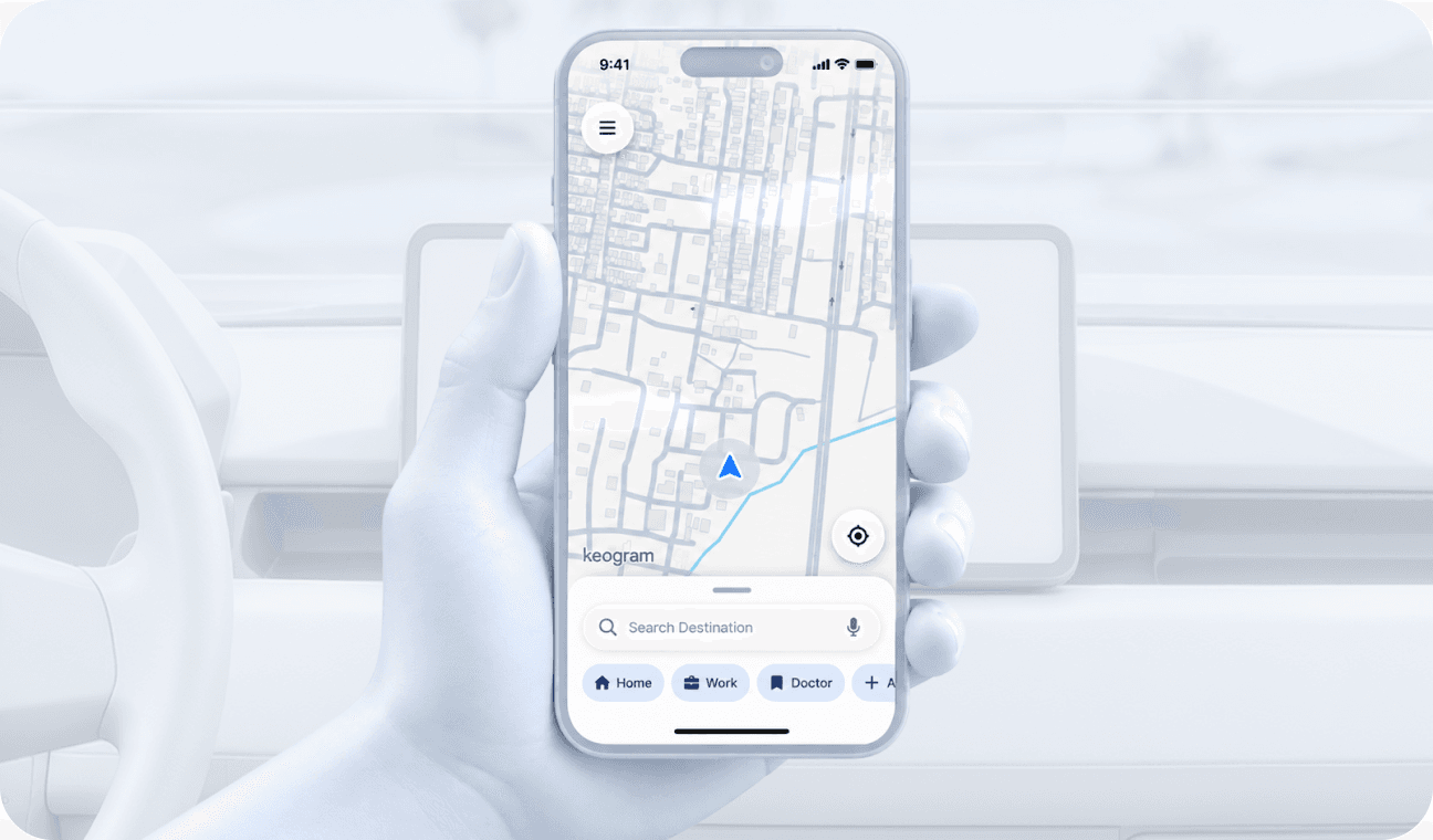 Phone held at a golf cart dashboard, showing the Cartroute search bar and saved places