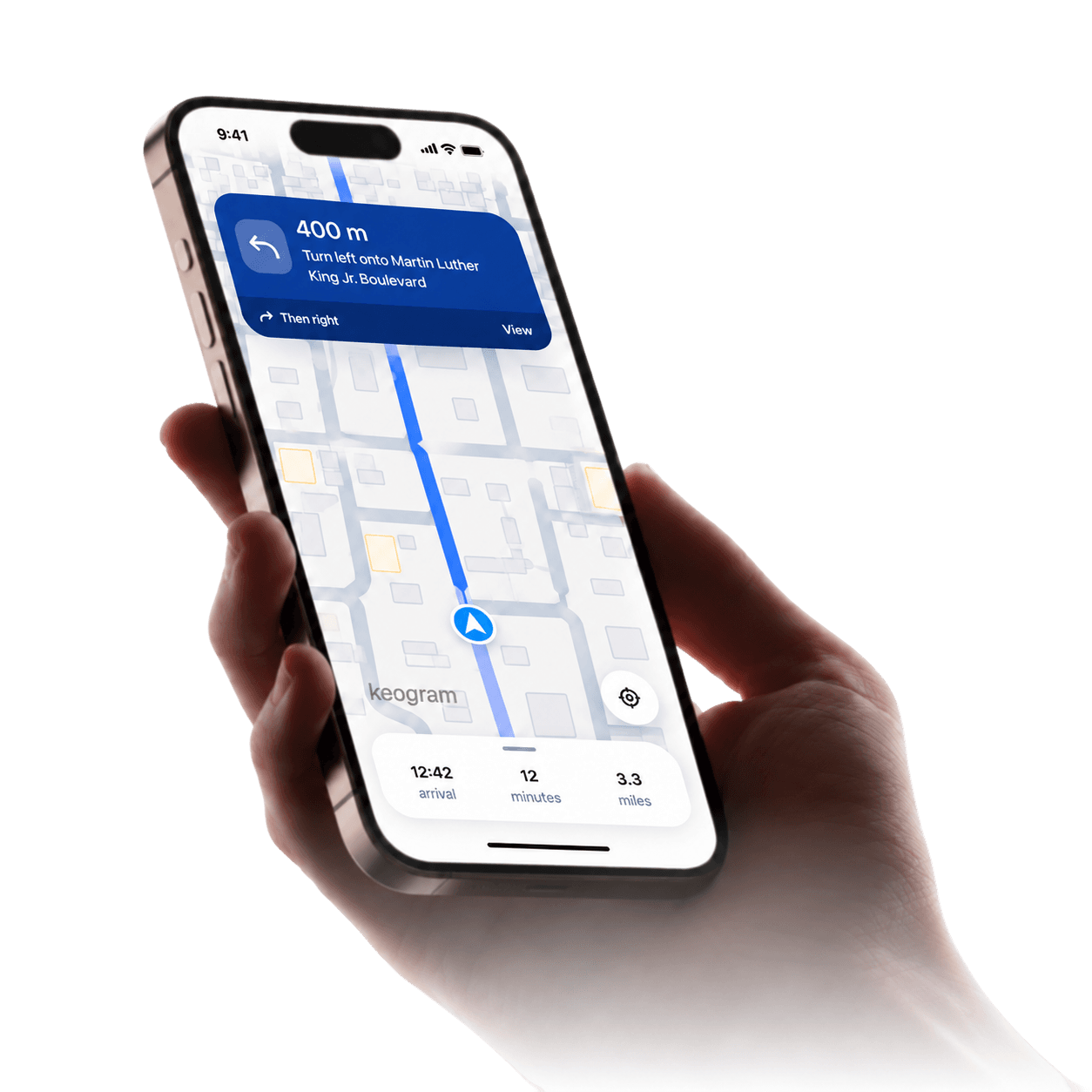 Hand holding a phone showing Cartroute turn-by-turn golf cart navigation