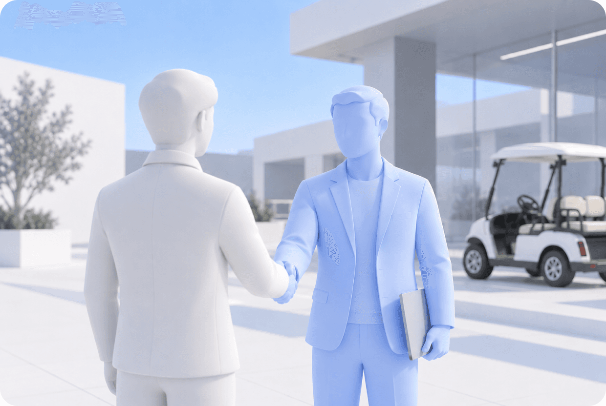 A dealer and a partner shaking hands beside a golf cart outside a dealership